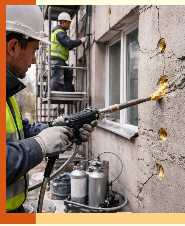 Заполнение пустот в фасаде и утепление стен в Ржеве